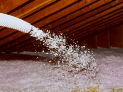 Spraying Blown Fiberglass Insulation for roof technician spraying foam insulation using plural